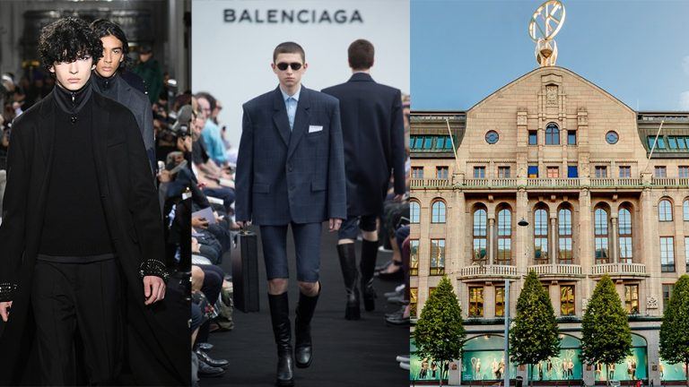 Kollage på Nordiska Kompaniet och modeller från Valentino och Balenciaga.